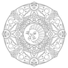 desenho de um mandala de lua e sol para imprimir e colorir