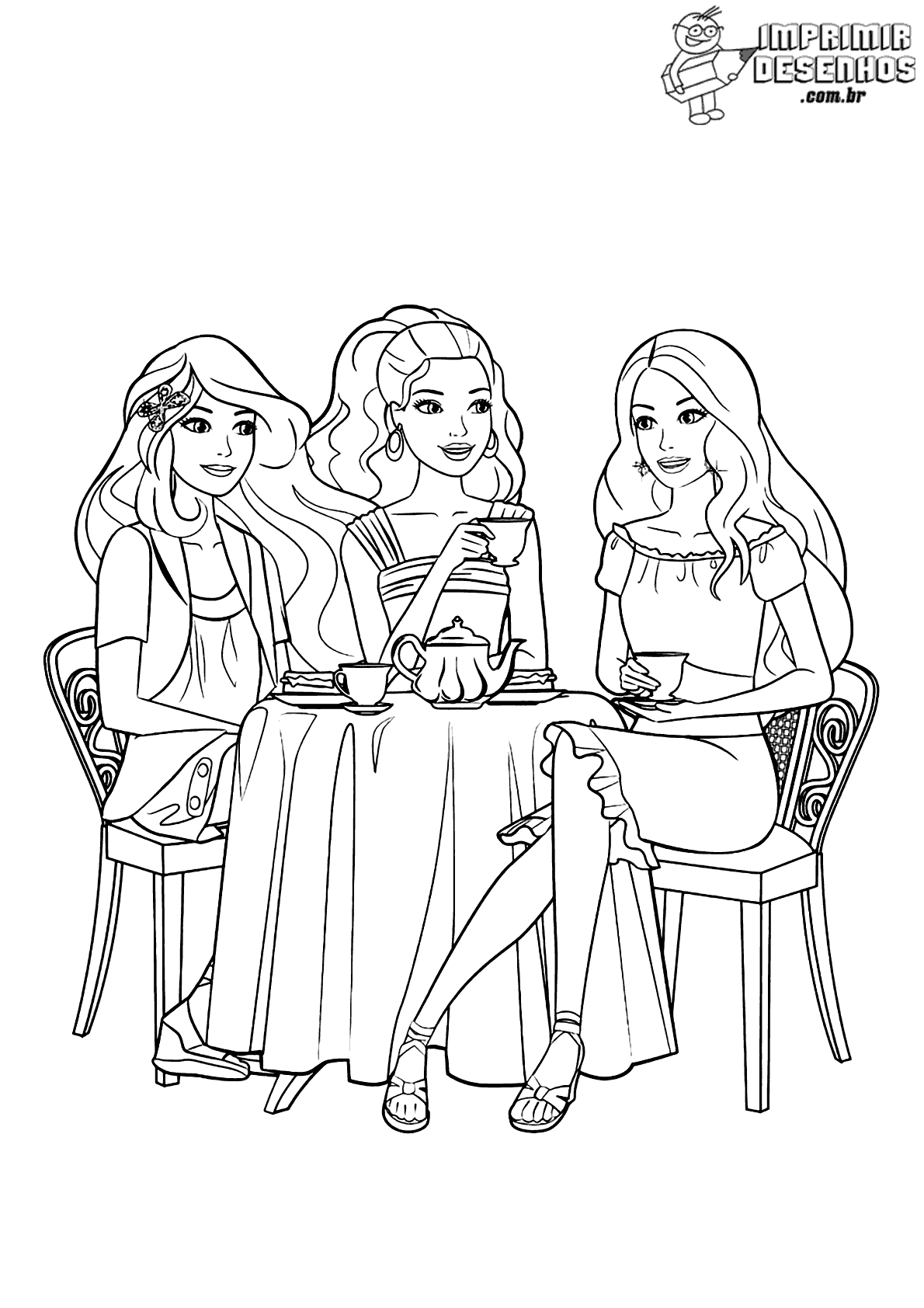 Barbie chá com amigas para colorir - Imprimir Desenhos