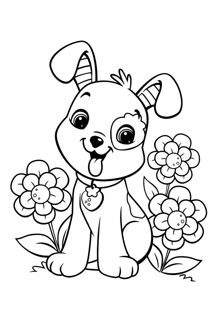Cachorro e flores para colorir - Imprimir Desenhos