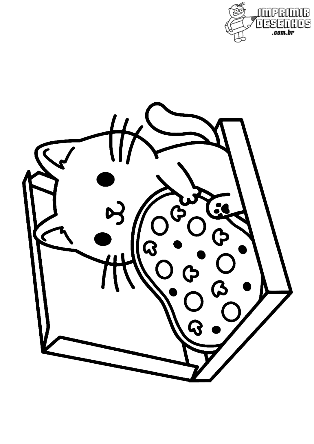 Gatinho e pizza kawaii para colorir - Imprimir Desenhos