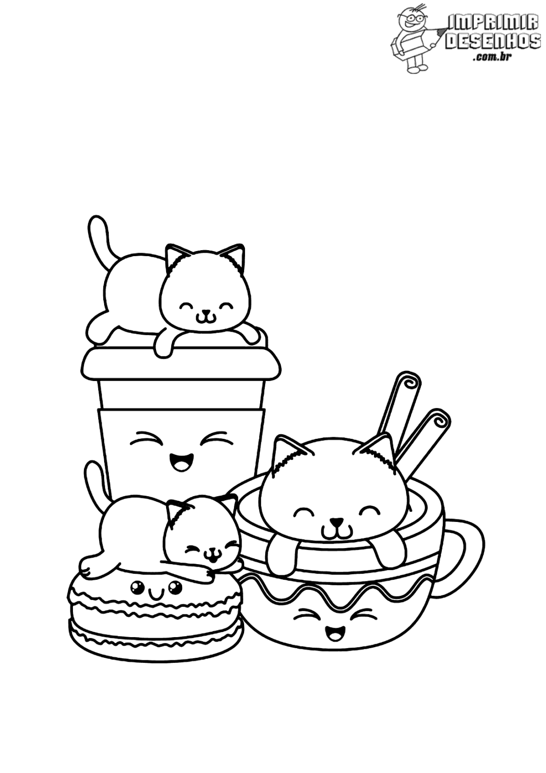 Gatinhos e lanches kawaii para colorir - Imprimir Desenhos