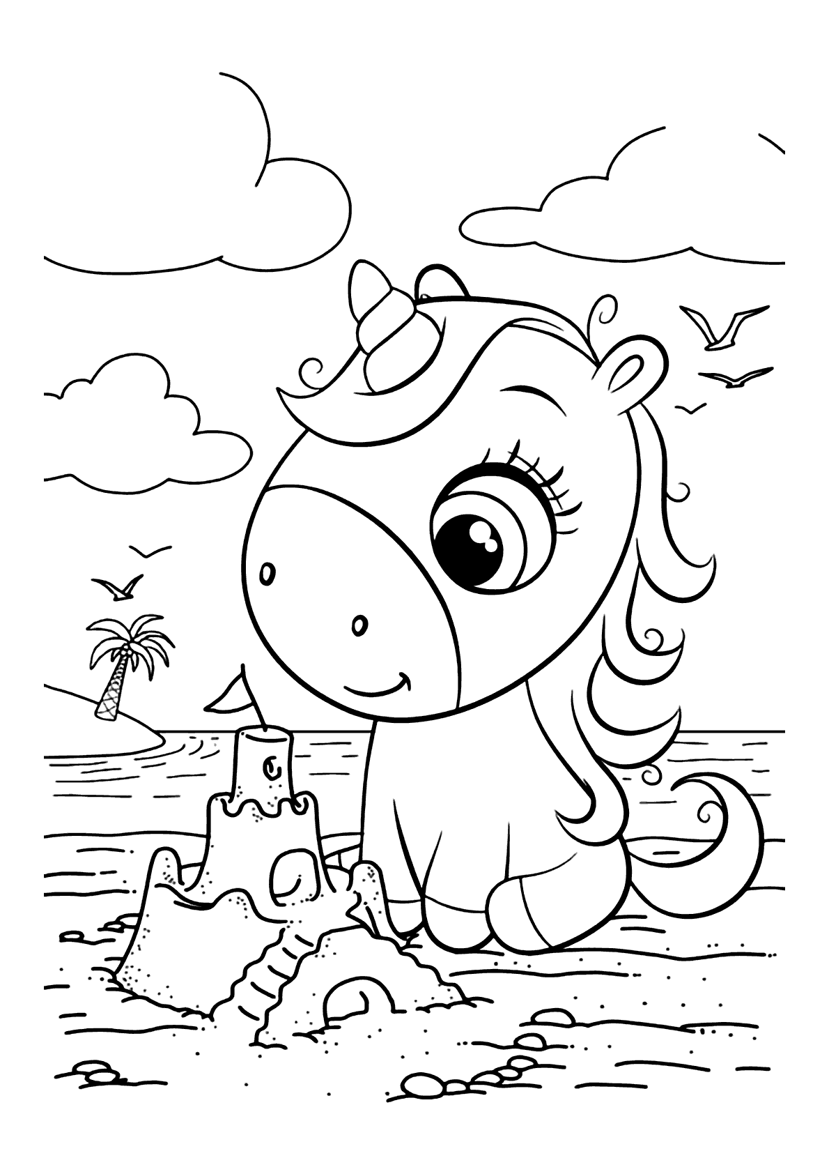 Desenho de Unicórnio na praia para colorir