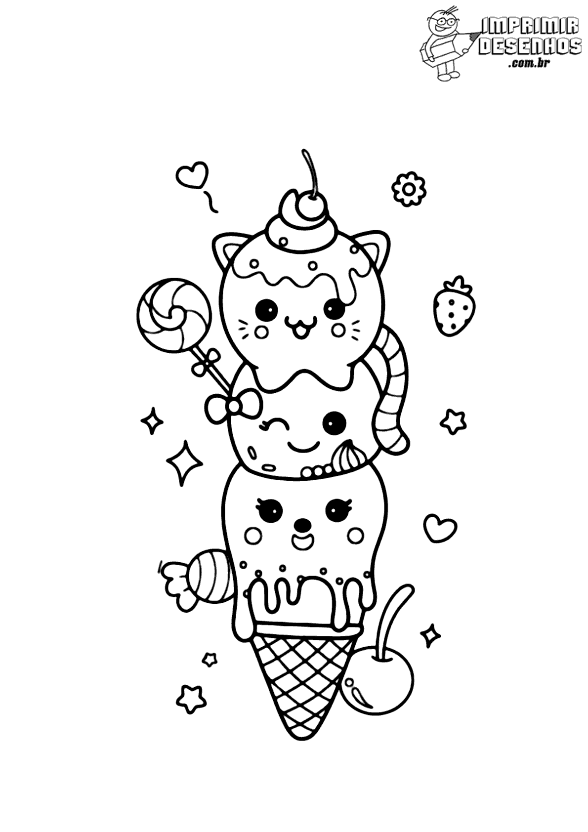 Gatinho e sorvete kawaii para colorir - Imprimir Desenhos em 2023