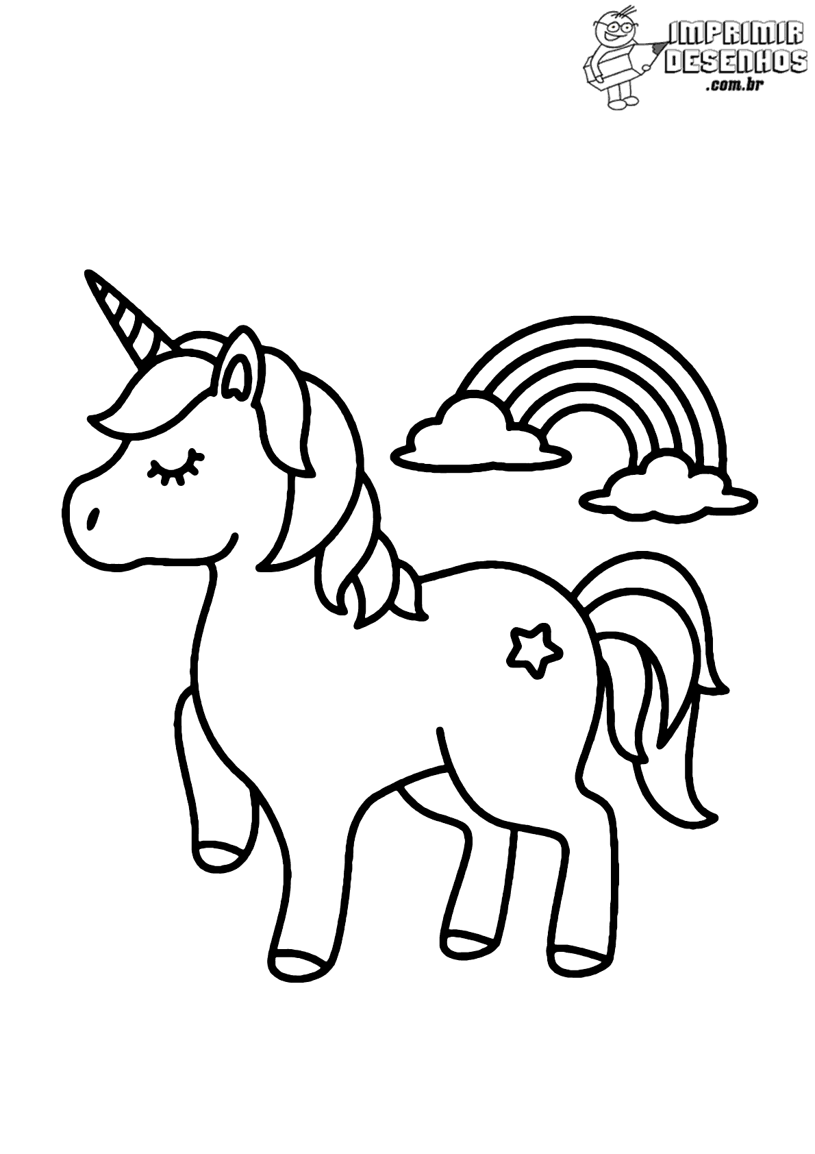 Desenho de unicórnio com arco-íris para colorir