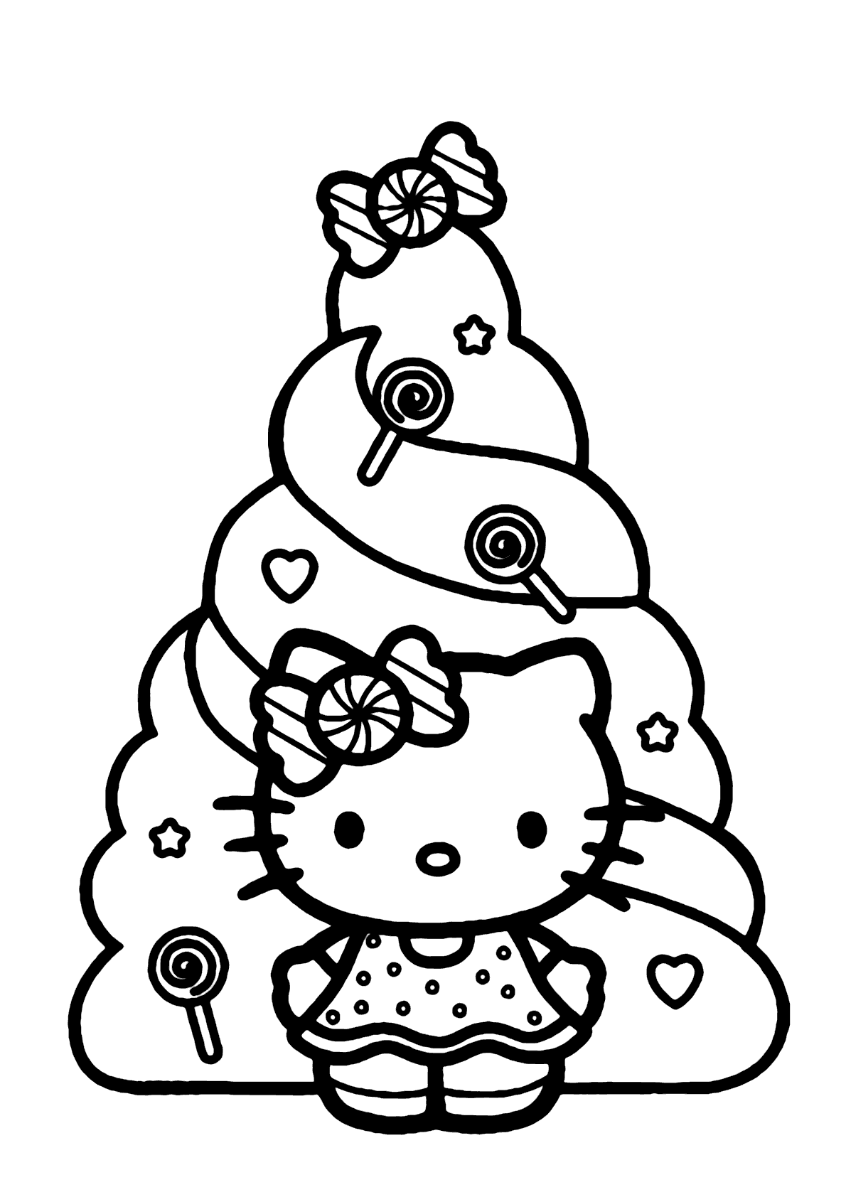 Desenhos para colorir Hello Kitty no Natal - Árvore de Natal