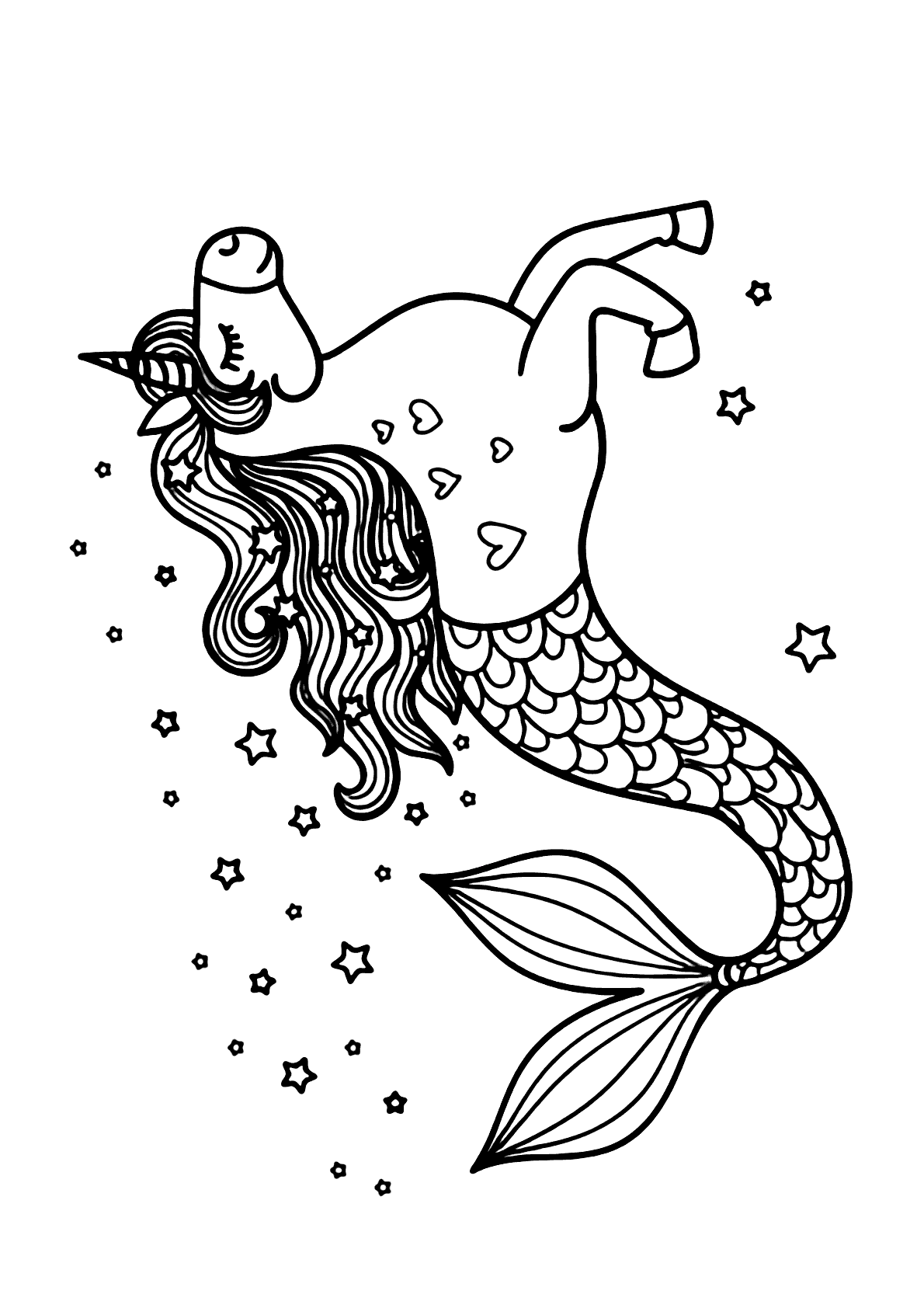 Desenho de uma linda sereia de unicórnio para colorir