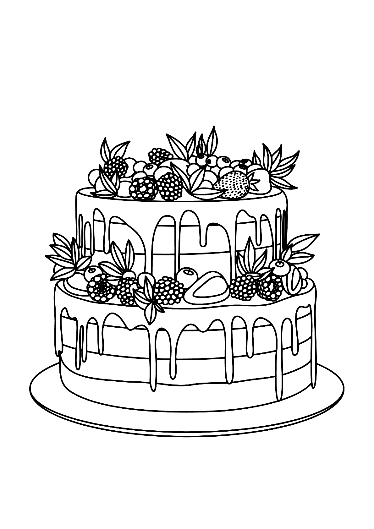 Desenho para colorir de bolo de frutas preto e branco · Creative Fabrica