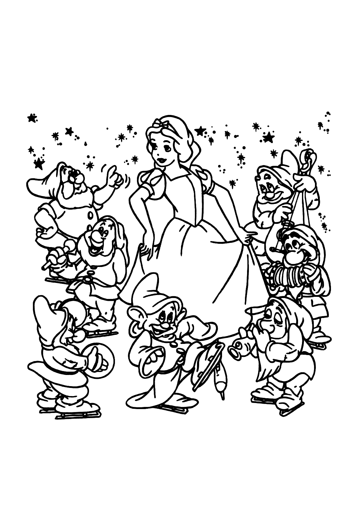 Desenho para colorir com a branca de neve e os sete anões